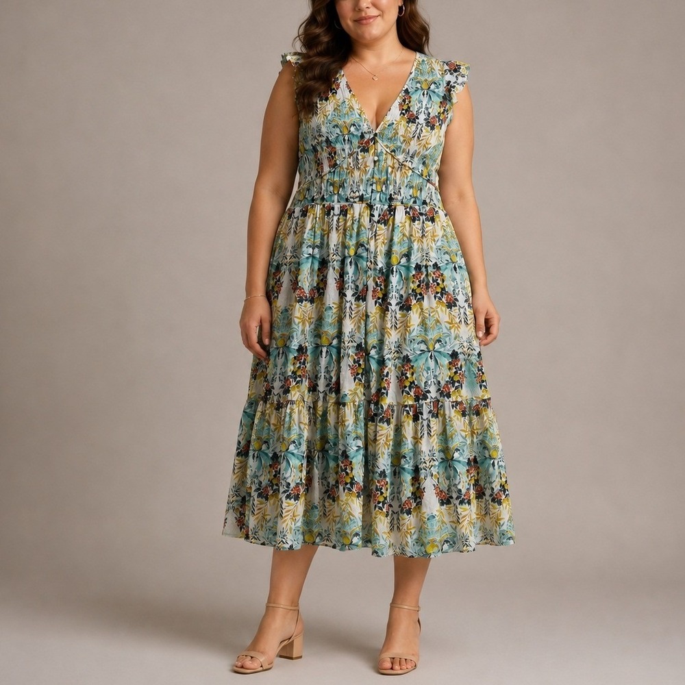 Anthropologie The Peregrine Midi Dress 2X Chartreuse Floral Smocked Cottagecore
